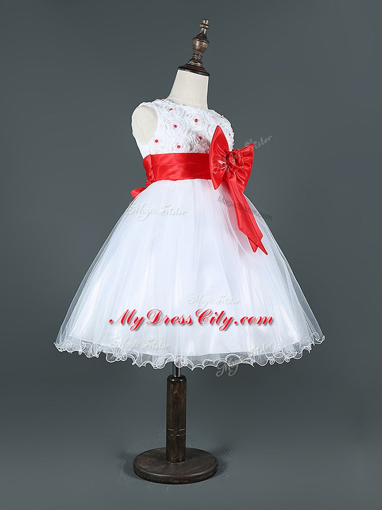 Great Scoop Sleeveless Juniors Party Dress Knee Length Bowknot White Tulle