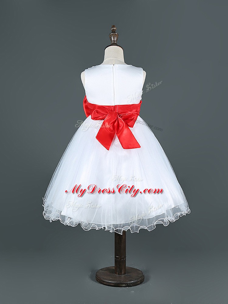 Great Scoop Sleeveless Juniors Party Dress Knee Length Bowknot White Tulle