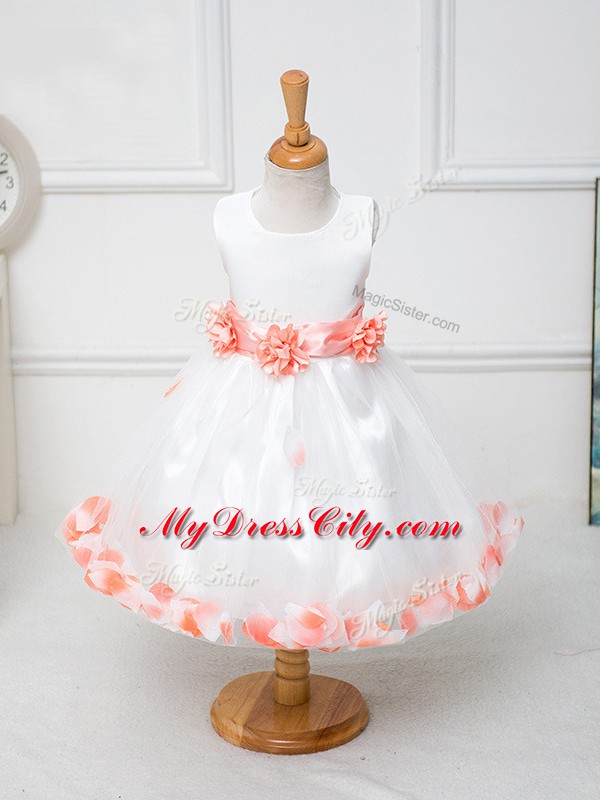 Best White Scoop Zipper Appliques and Bowknot and Hand Made Flower Flower Girl Dresses Sleeveless