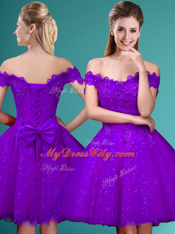 Eggplant Purple Lace Up Off The Shoulder Lace and Belt Court Dresses for Sweet 16 Tulle Cap Sleeves