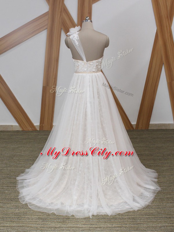White Empire One Shoulder Sleeveless Tulle Brush Train Zipper Lace and Appliques Bridal Gown