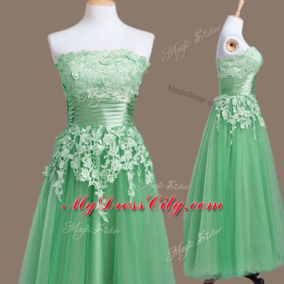 Vintage Green Empire Tulle Strapless Sleeveless Appliques Tea Length Lace Up Wedding Guest Dresses