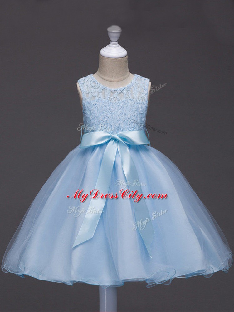 Ball Gowns Flower Girl Dress Light Blue Scoop Tulle Sleeveless Knee Length Zipper
