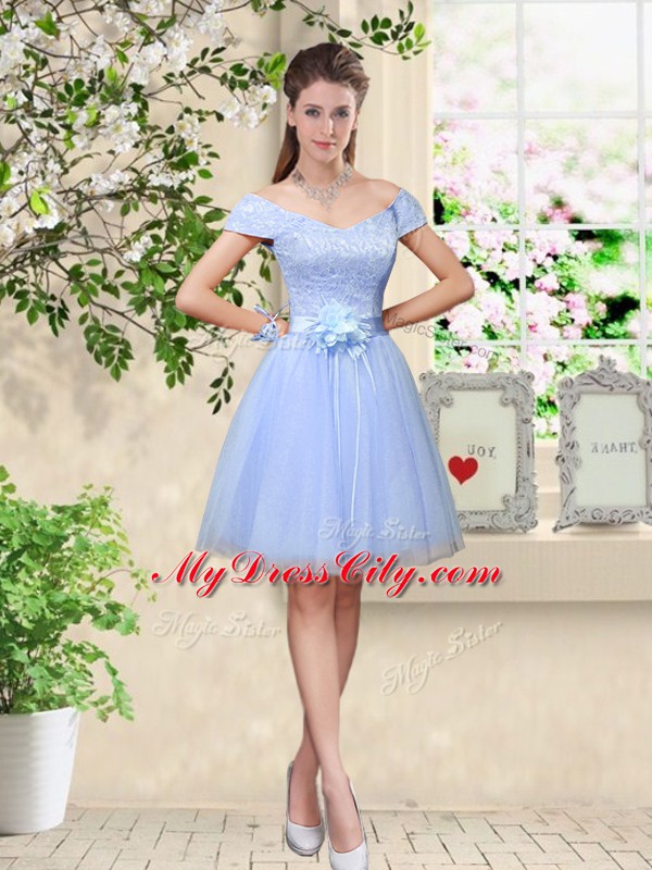 Most Popular V-neck Cap Sleeves Tulle Bridesmaid Dresses Lace and Belt Lace Up