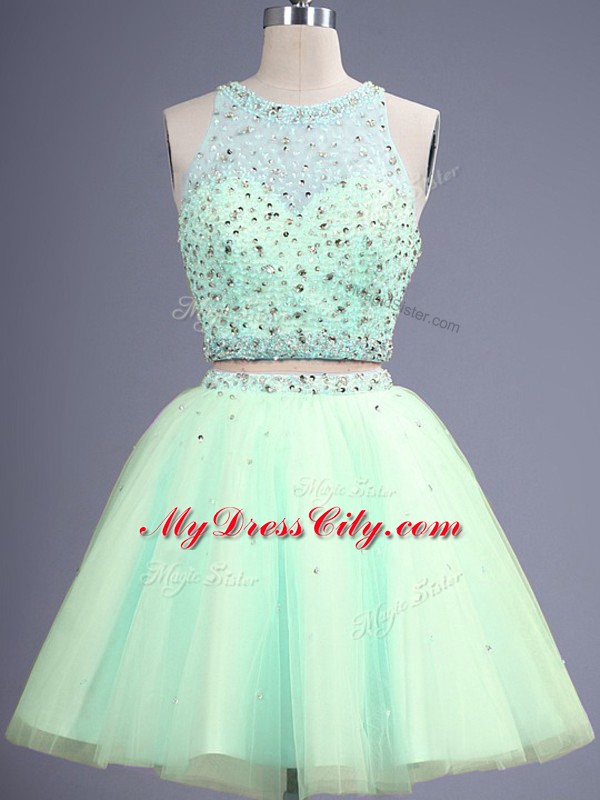 Fitting Apple Green Two Pieces Tulle Scoop Sleeveless Beading Knee Length Lace Up Wedding Guest Dresses