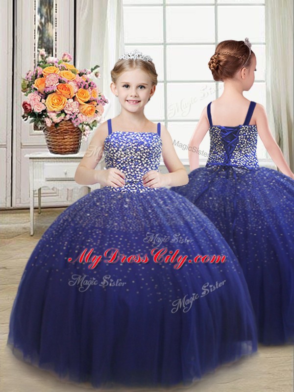 Royal Blue Straps Neckline Beading Little Girls Pageant Dress Sleeveless Lace Up
