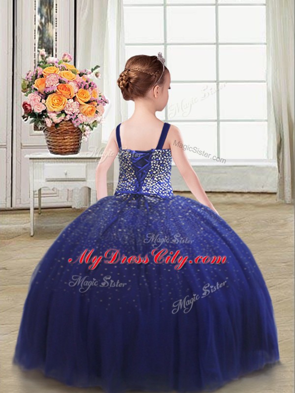 Royal Blue Straps Neckline Beading Little Girls Pageant Dress Sleeveless Lace Up