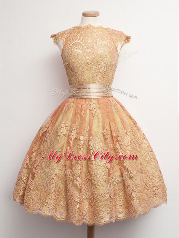 Pretty High-neck Cap Sleeves Wedding Party Dress Knee Length Belt Gold Lace