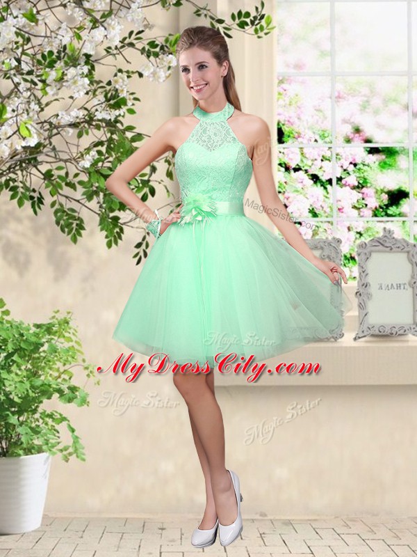 Apple Green Halter Top Neckline Lace and Belt Court Dresses for Sweet 16 Sleeveless Lace Up