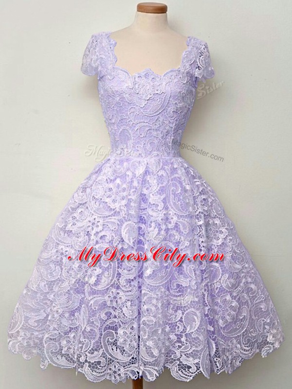 Eye-catching Scoop Sleeveless Lace Up Bridesmaid Gown Lavender Lace
