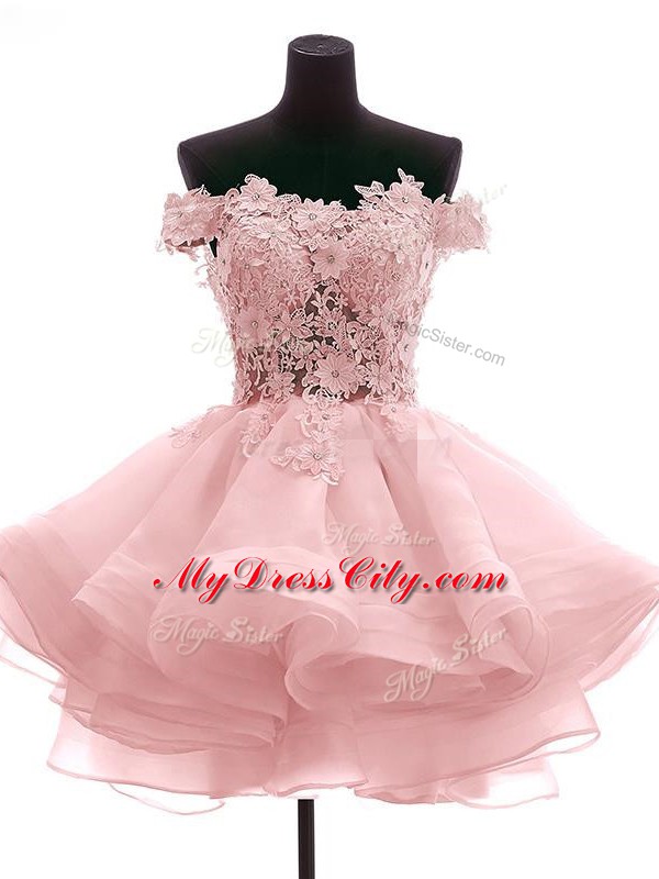 Modest Pink A-line Taffeta Off The Shoulder Sleeveless Lace and Appliques and Ruffles Mini Length Zipper Prom Gown