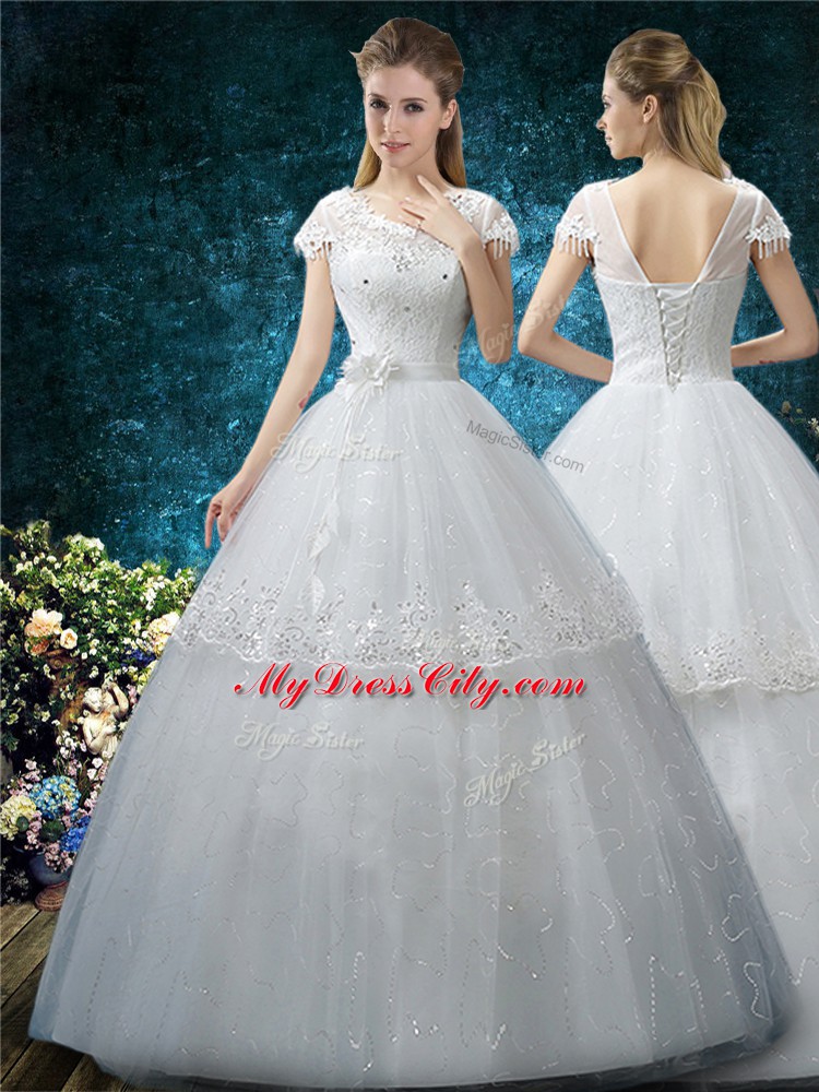 Short Sleeves Tulle Floor Length Lace Up Bridal Gown in White with Embroidery
