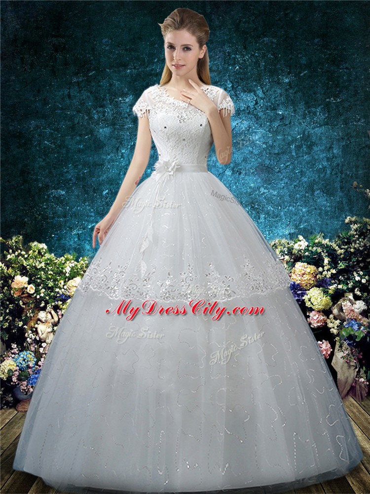 Short Sleeves Tulle Floor Length Lace Up Bridal Gown in White with Embroidery