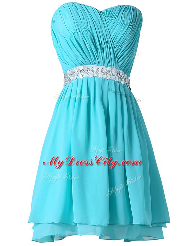 Aqua Blue Sleeveless Mini Length Beading and Ruching Lace Up Party Dress Wholesale