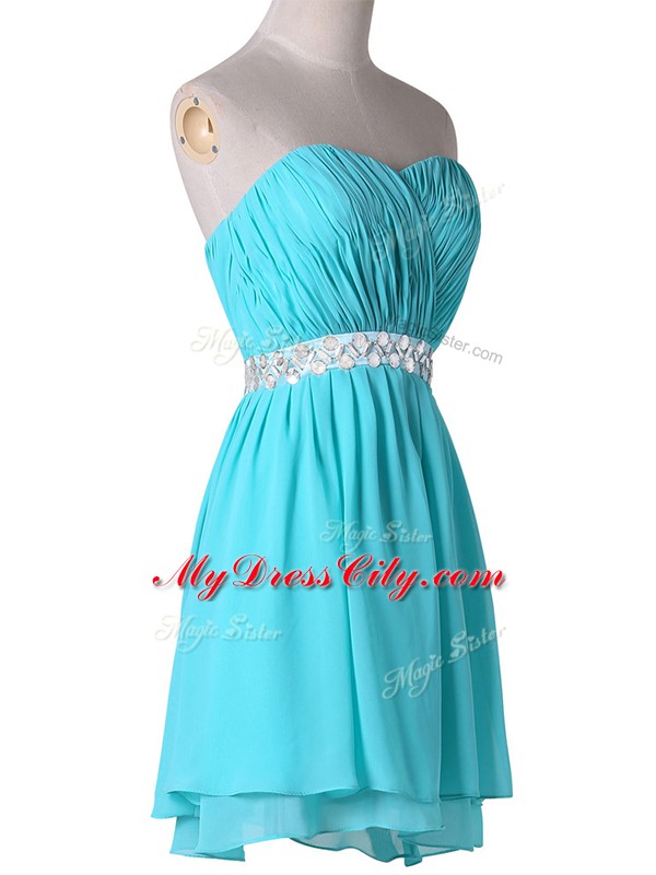 Aqua Blue Sleeveless Mini Length Beading and Ruching Lace Up Party Dress Wholesale