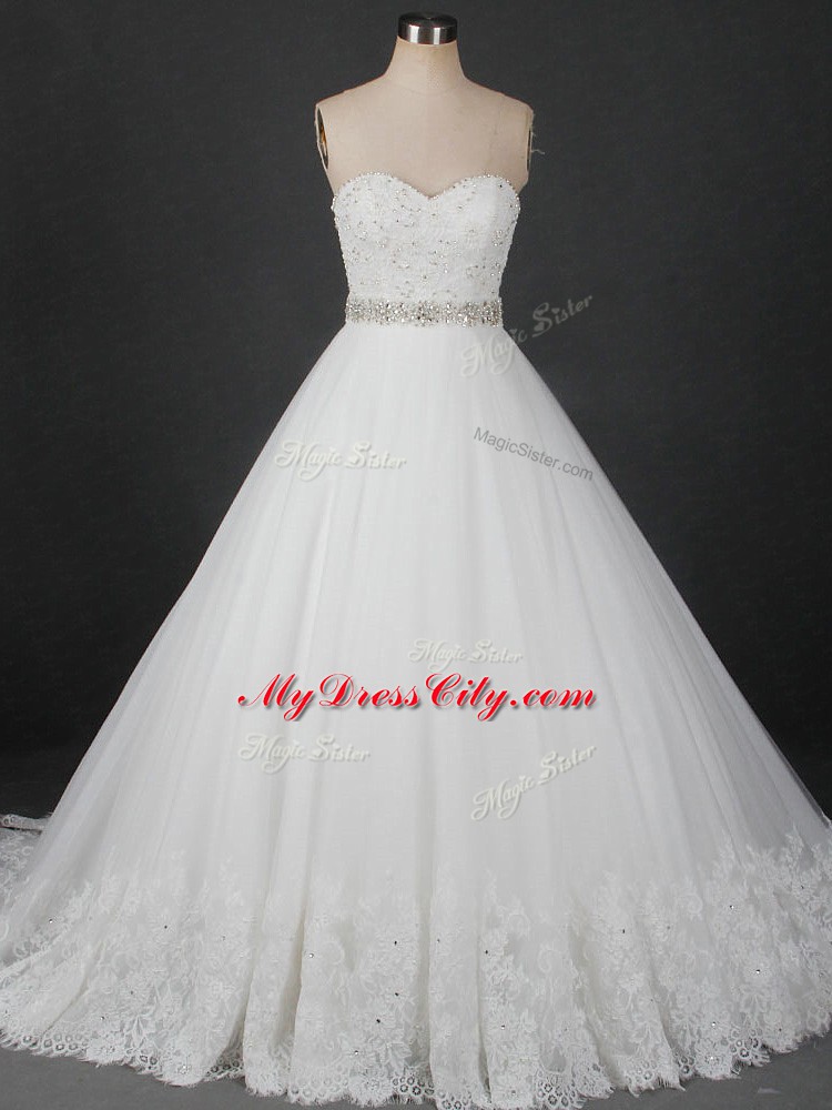 Ball Gowns Sleeveless White Wedding Gowns Brush Train Lace Up