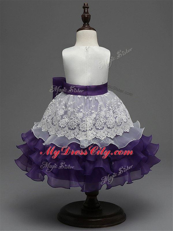 White And Purple Scoop Neckline Lace and Ruffled Layers and Bowknot Little Girls Pageant Dress Wholesale Sleeveless Zipper