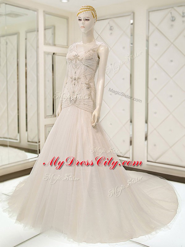 White Wedding Gown Wedding Party with Beading V-neck Sleeveless Court Train Side Zipper