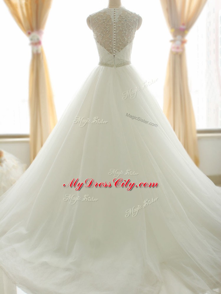 Elegant White Tulle Zipper Wedding Gown Sleeveless Brush Train Beading and Appliques