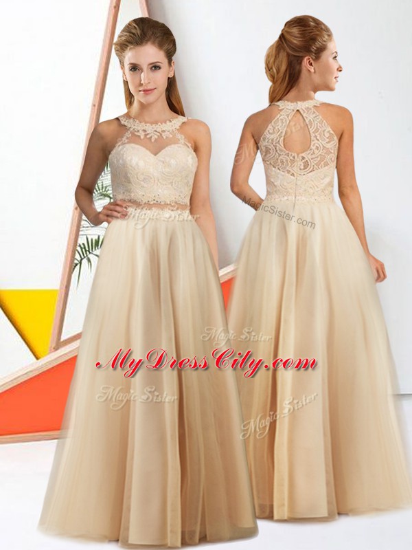 Champagne Zipper Bridesmaids Dress Lace Sleeveless Floor Length