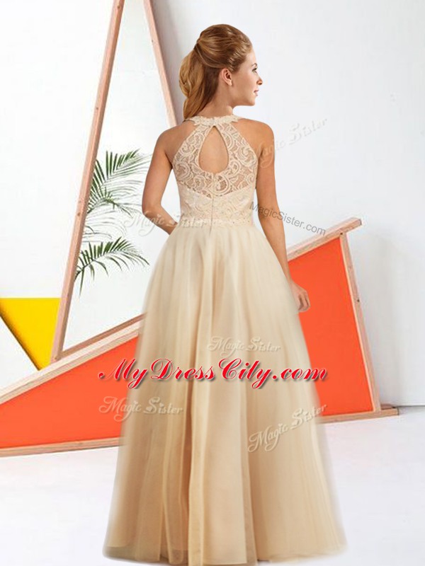 Champagne Zipper Bridesmaids Dress Lace Sleeveless Floor Length