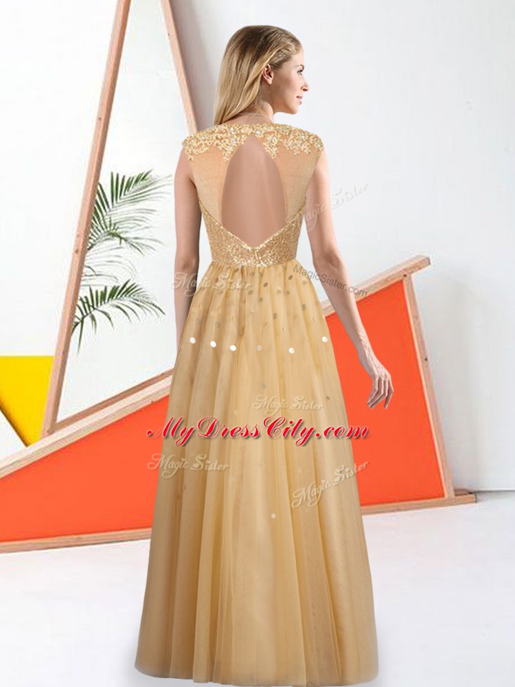 Best Sleeveless Backless Floor Length Beading and Lace Bridesmaids Dress