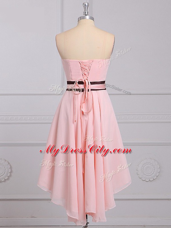 Customized Baby Pink Strapless Lace Up Ruching and Bowknot Quinceanera Court Dresses Sleeveless