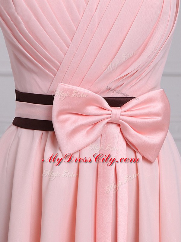 Customized Baby Pink Strapless Lace Up Ruching and Bowknot Quinceanera Court Dresses Sleeveless