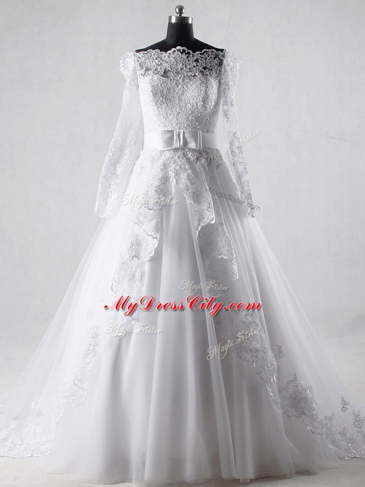 Glamorous Off The Shoulder Long Sleeves Tulle Bridal Gown Lace and Belt Brush Train Zipper