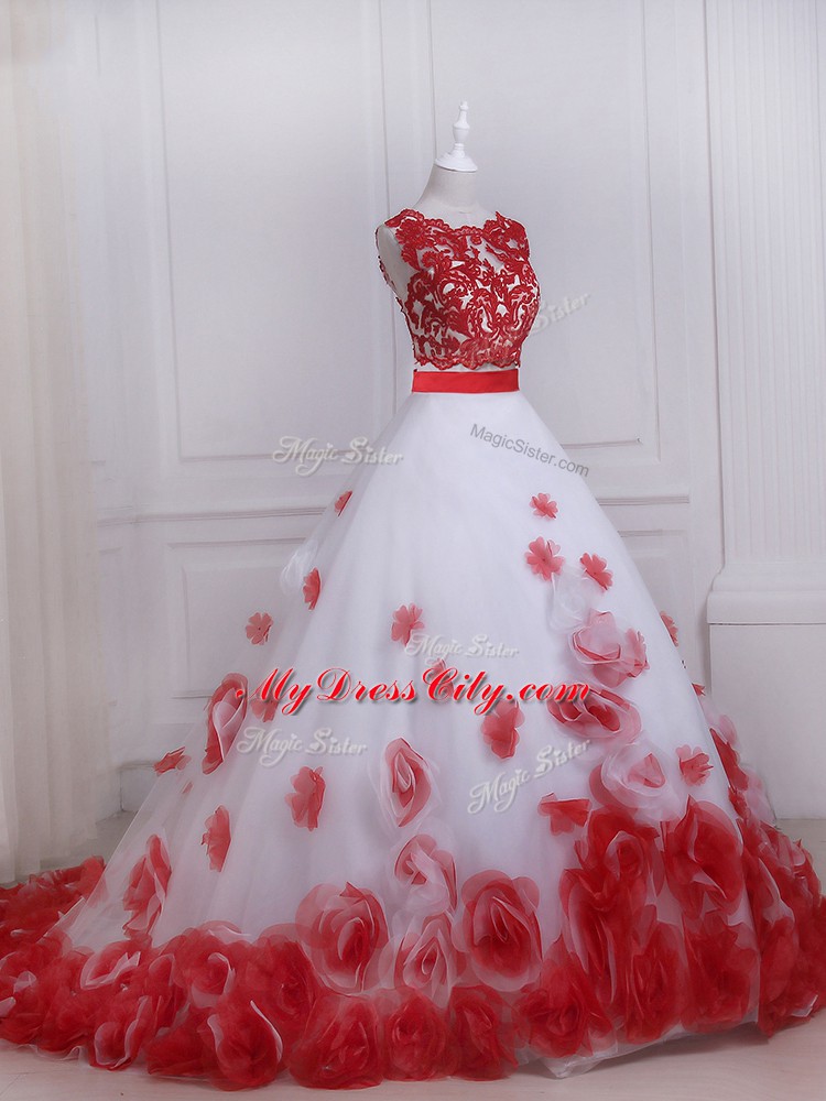 Trendy White And Red Sleeveless Brush Train Appliques Wedding Gown