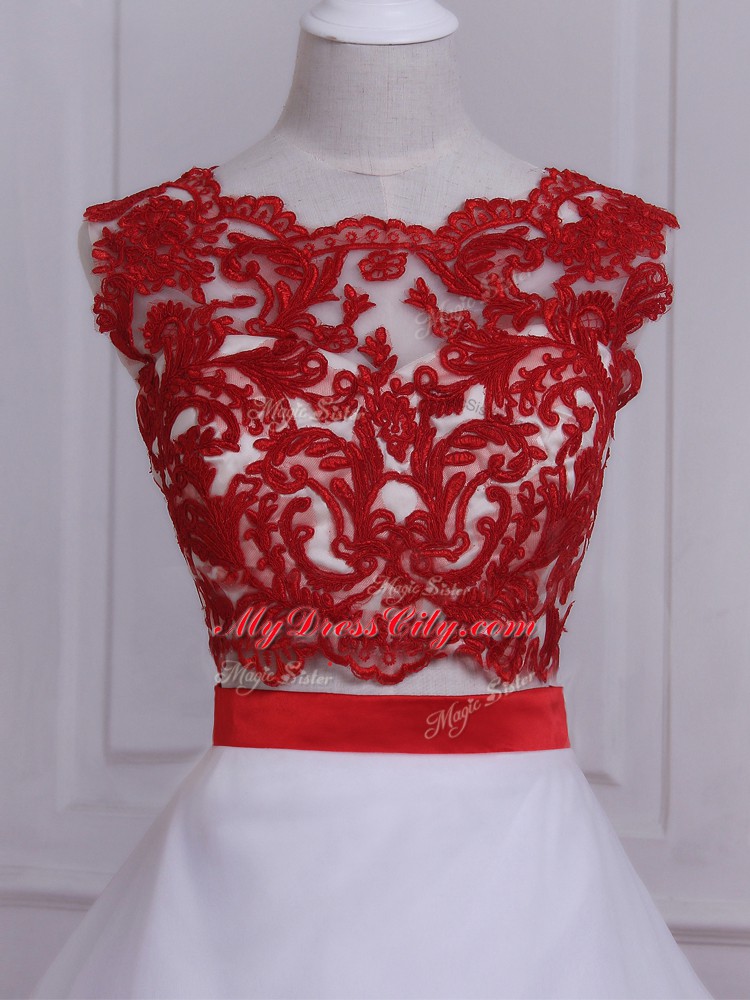 Trendy White And Red Sleeveless Brush Train Appliques Wedding Gown