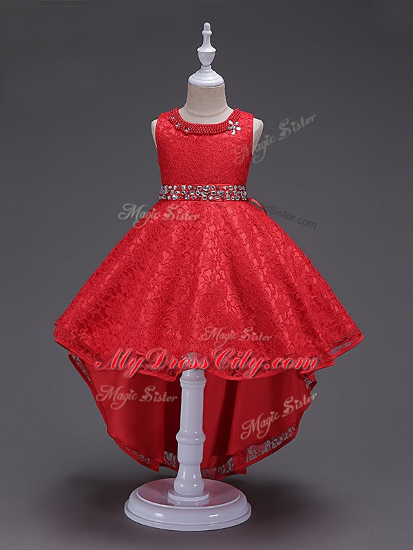 Custom Made Red Sleeveless Beading High Low Flower Girl Dresses
