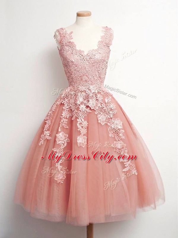 Peach Ball Gowns V-neck Sleeveless Tulle Knee Length Lace Up Lace Damas Dress