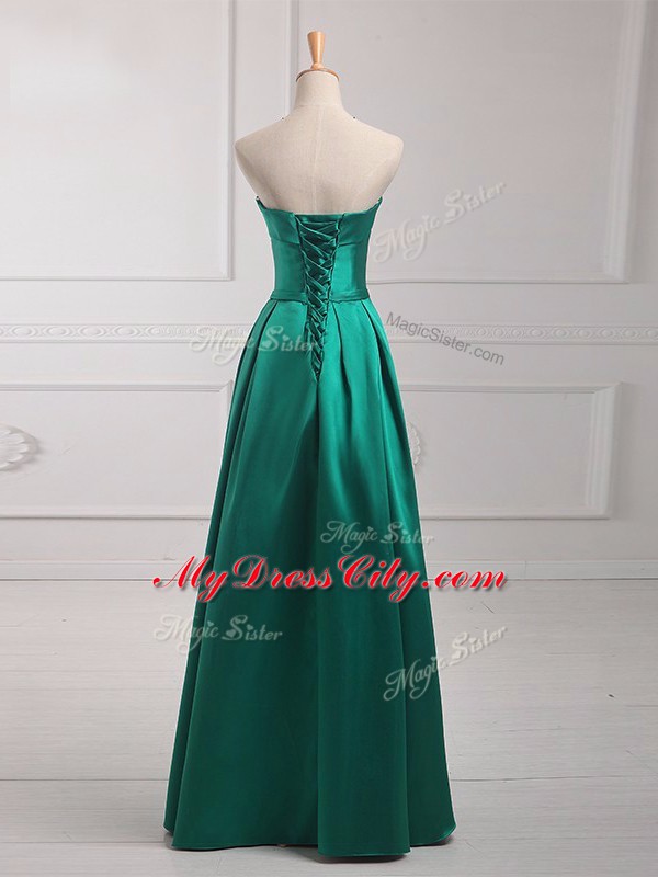 Sleeveless Floor Length Belt Lace Up Vestidos de Damas with Dark Green