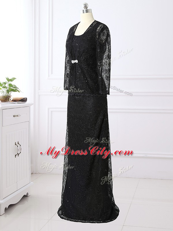 Column/Sheath Mother of the Bride Dress Black Scoop Lace Long Sleeves Floor Length Zipper