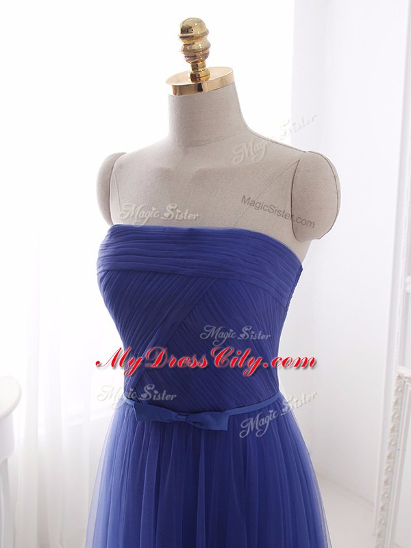 Blue Zipper Prom Evening Gown Beading and Belt Sleeveless Floor Length