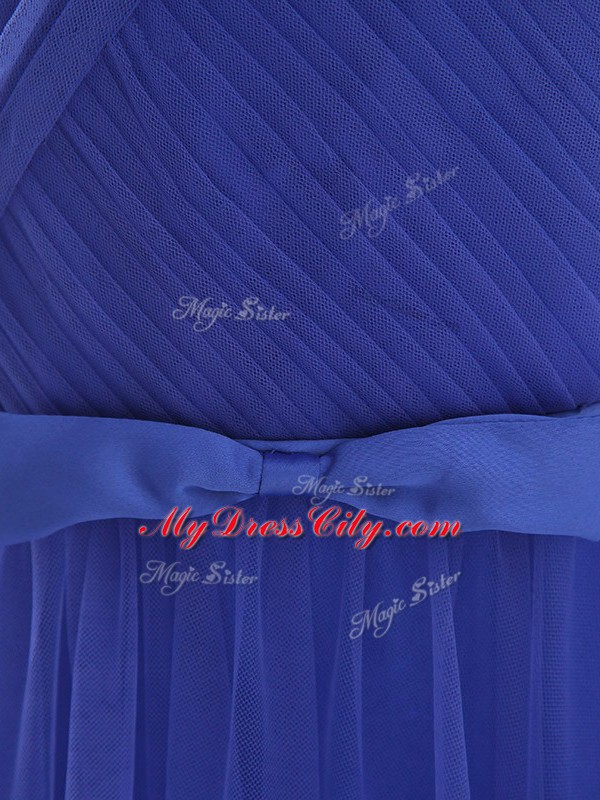 Blue Zipper Prom Evening Gown Beading and Belt Sleeveless Floor Length