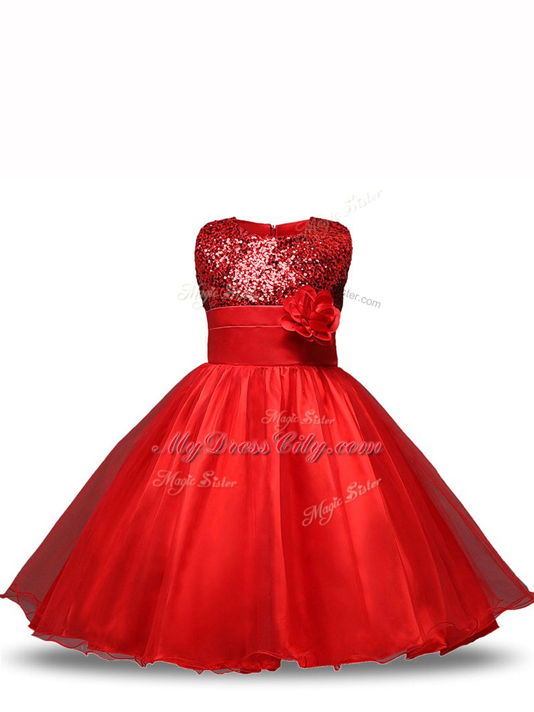 Red Sleeveless Organza Zipper Toddler Flower Girl Dress for Wedding Party