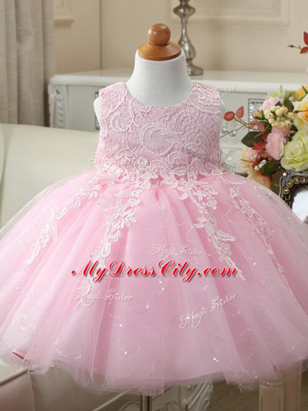 Tulle Sleeveless Knee Length Flower Girl Dresses and Appliques and Bowknot