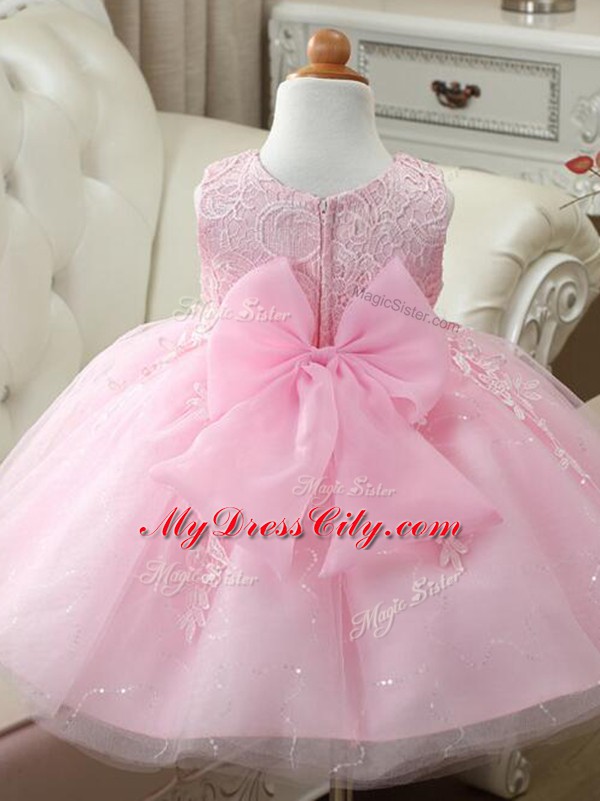 Tulle Sleeveless Knee Length Flower Girl Dresses and Appliques and Bowknot
