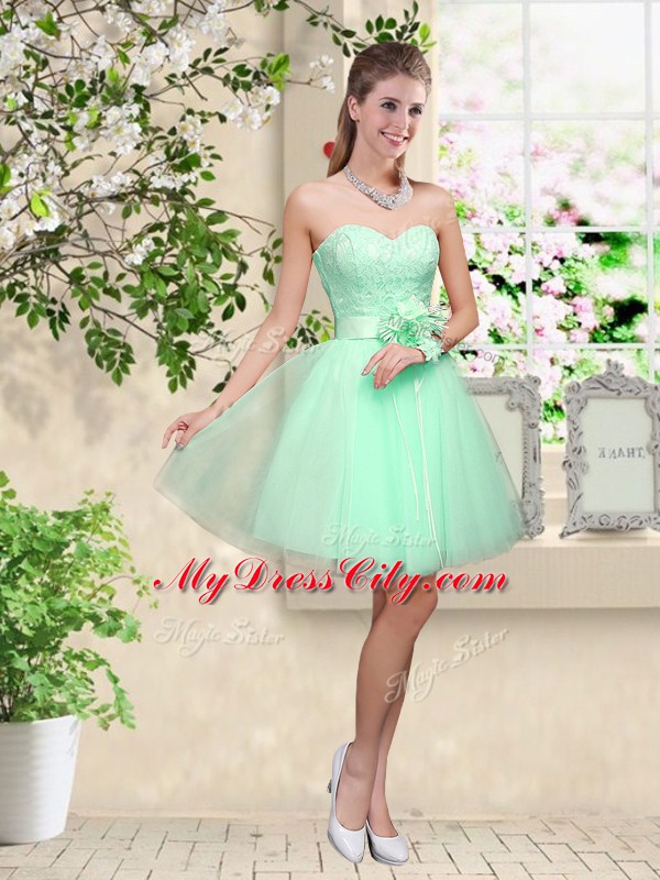 Super Lace and Belt Damas Dress Apple Green Lace Up Sleeveless Knee Length