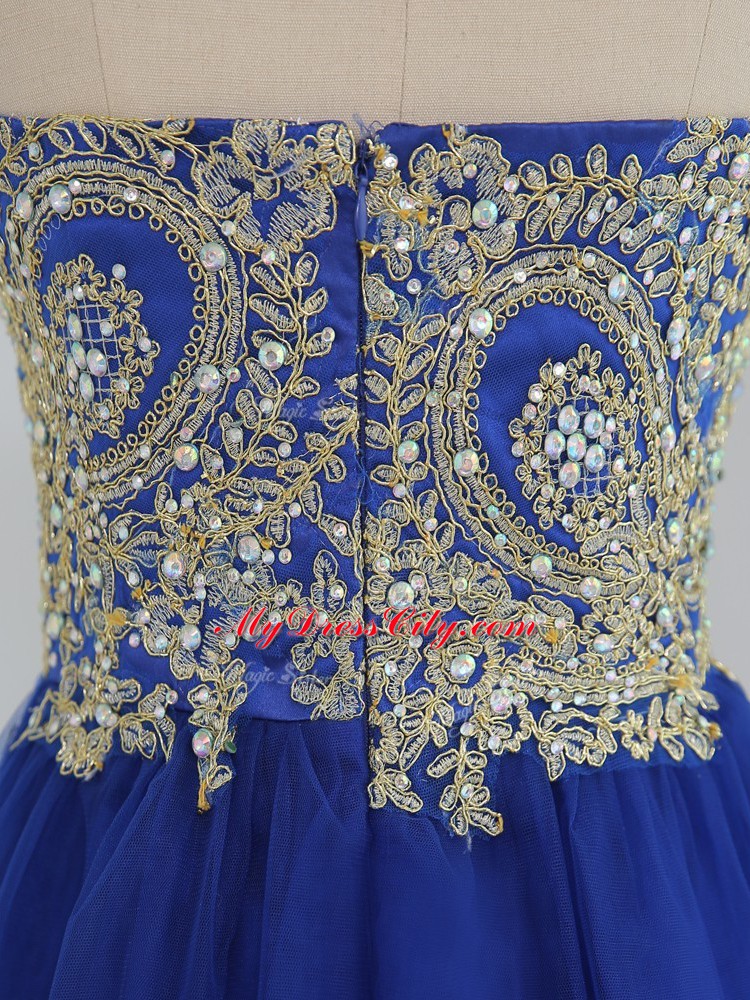 Elegant Royal Blue Tulle Zipper Sweetheart Sleeveless Mini Length Prom Gown Beading