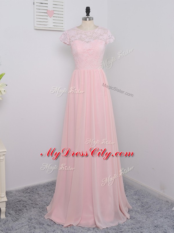 Custom Design Baby Pink Scoop Zipper Lace Dama Dress for Quinceanera Short Sleeves
