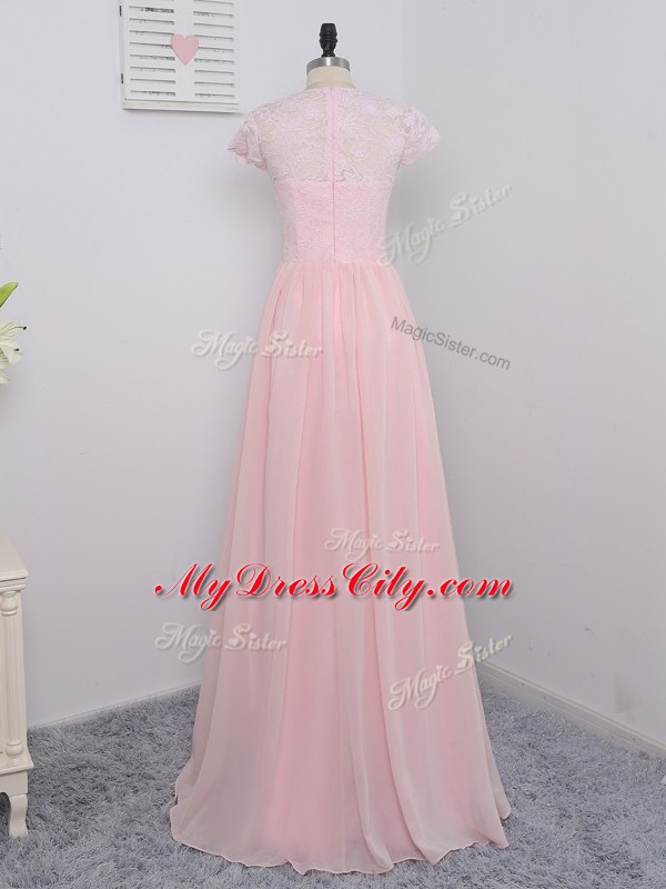 Custom Design Baby Pink Scoop Zipper Lace Dama Dress for Quinceanera Short Sleeves