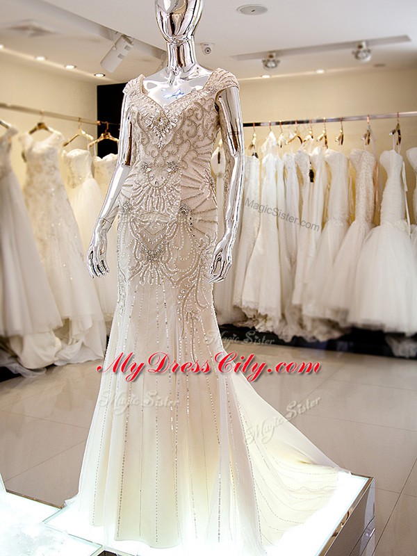 Deluxe Champagne Cap Sleeves Beading Backless Prom Evening Gown