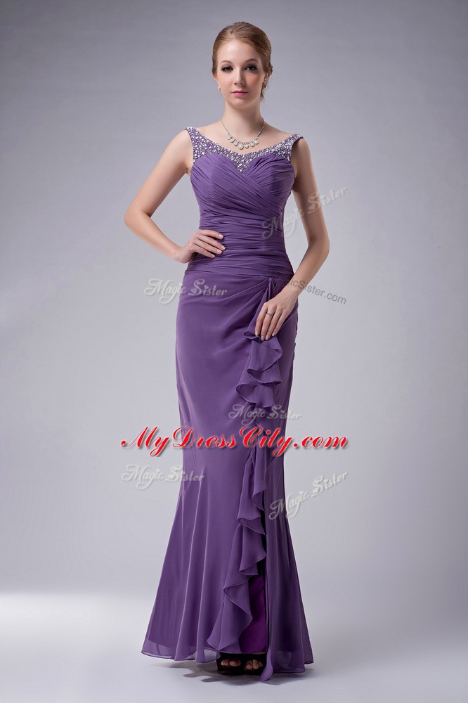 Perfect Sleeveless Chiffon Floor Length Zipper Mother of Groom Dress in Purple with Beading