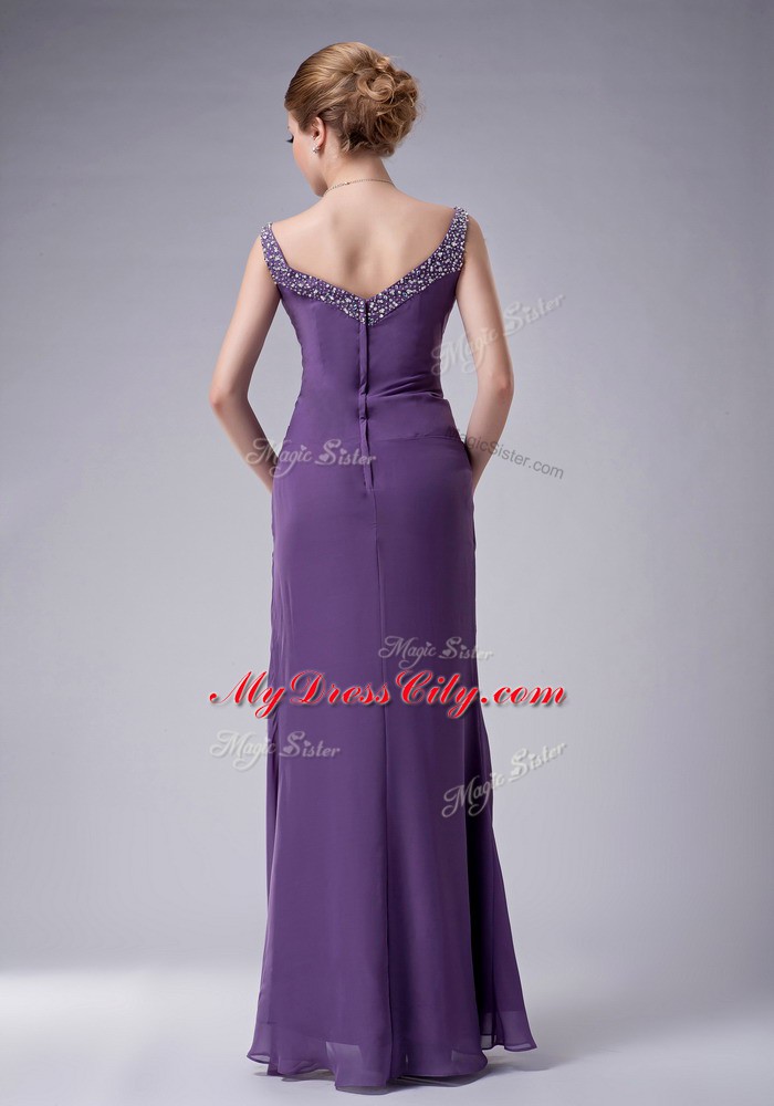 Perfect Sleeveless Chiffon Floor Length Zipper Mother of Groom Dress in Purple with Beading