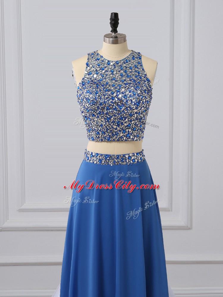 Popular Blue Scoop Neckline Beading and Sequins Evening Dress Sleeveless Zipper