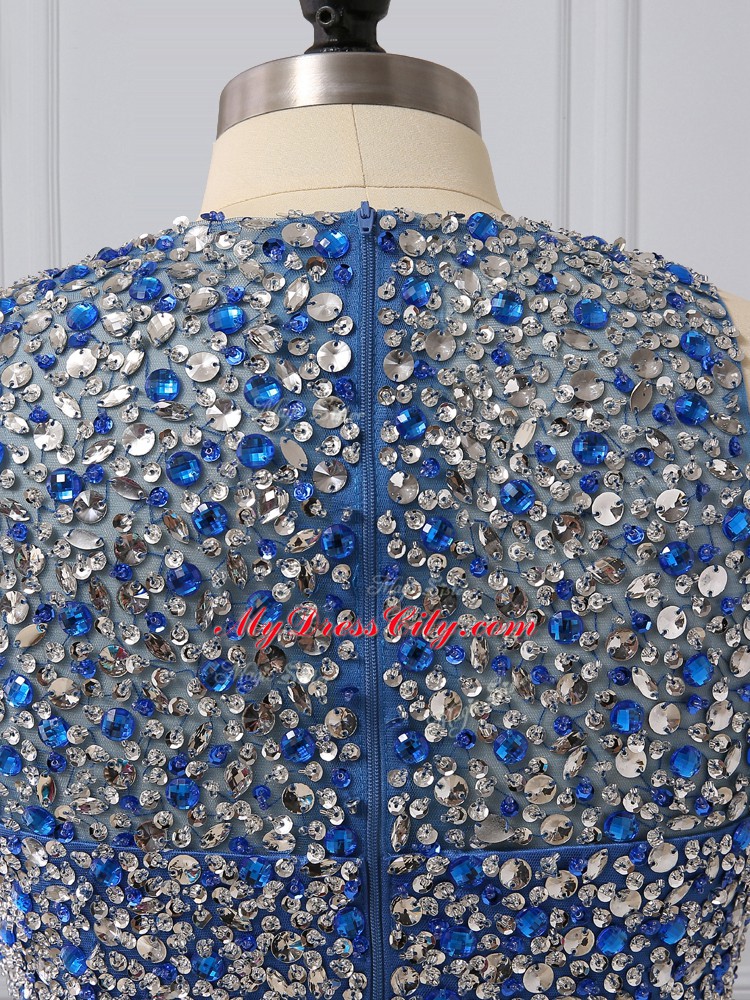 Popular Blue Scoop Neckline Beading and Sequins Evening Dress Sleeveless Zipper