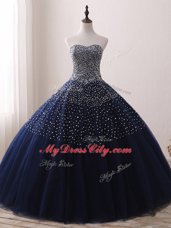 Navy Blue Ball Gowns Tulle Sweetheart Sleeveless Beading Floor Length Lace Up Quinceanera Gown